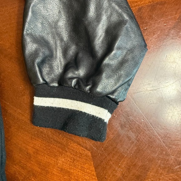 Black Varsity Letterman Jacket Faux Leather Sleeves Graphic Patch Small - Picture 6 of 10